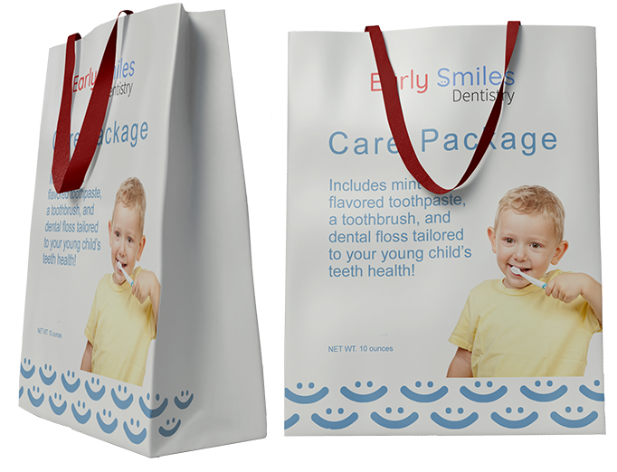The Early Smiles Dentistry bag mockup has two images in it.
			The right most part of the image has a front-facing view of the 
			bag mockup. At the top is the company's logo, and below it is the 
			text Care Package. Below Care Package is two blocks of text, a young 
			child happily brushing his teeth, and a pattern on the bottom of 
			the bag consisting of multiple, sky blue smiles repeating themselves.
			
			The first block of text reads: Includes mint-flavored toothpaste, a
			toothbrush, and dental floss tailored to your young child's teeth
			health!
			
			The second block of text, states NET WT. 10 ounces.
			
			The image on the left is a tilted view of the same bag. Aside from the angle,
			this image shows the smile pattern only slightly extends into the sides of the
			bag, rather than wrapping itself all the way around it.